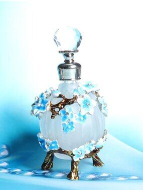 Blue Plum Blossom Jeweled Vintage Perfume Bottle Empty Refillable Bottle 30 ml